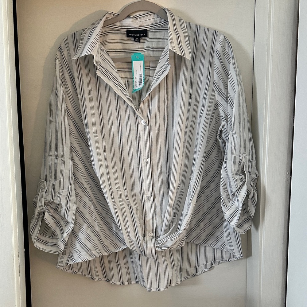 Crown & Ivy Striped Tie-Front Button Shirt - White & Black